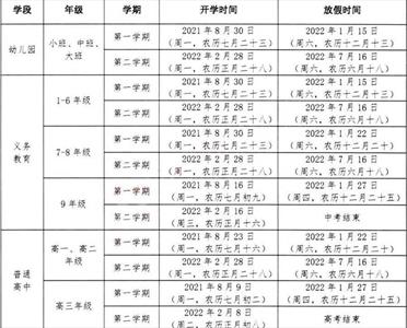 2021-2022年贵州省中小学开学放假时间安排(校历)
